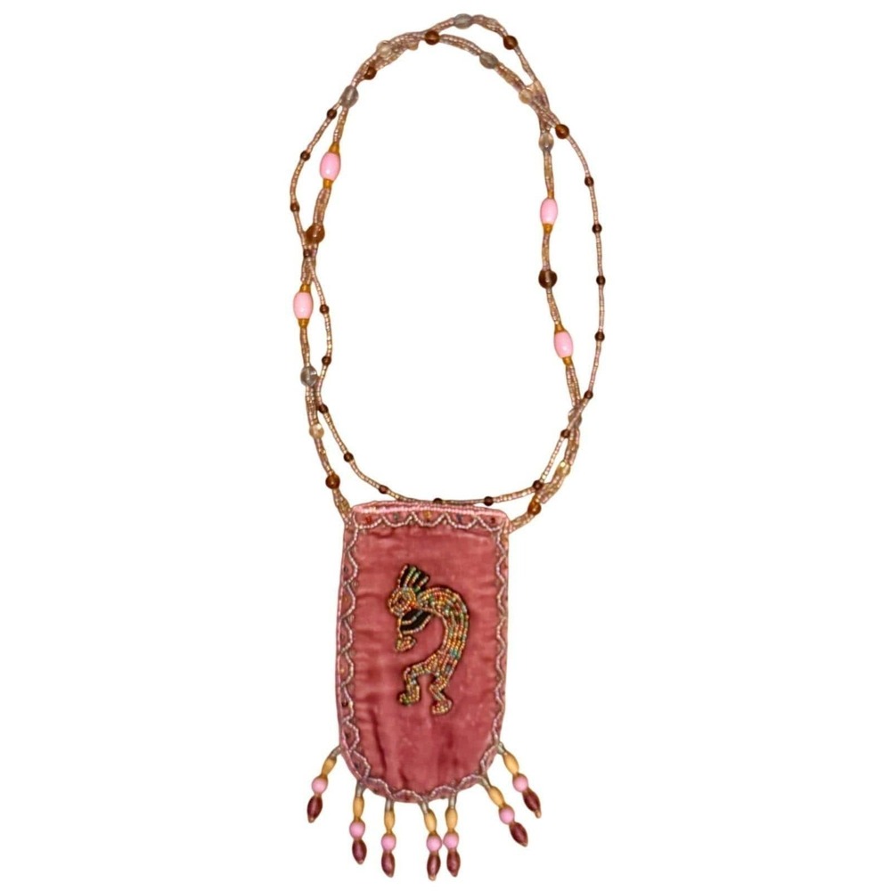 Vintage Pink Velvet Beaded Kokopelli Pouch Necklace Boho Crossbody Mini Bag 90s